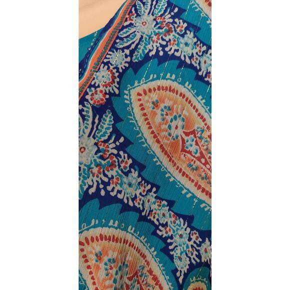 Chicos Caftan Sheer Top Womens Large Turquoise Beaded Boho Flowy Hi Low Shimmery - Picture 6 of 16